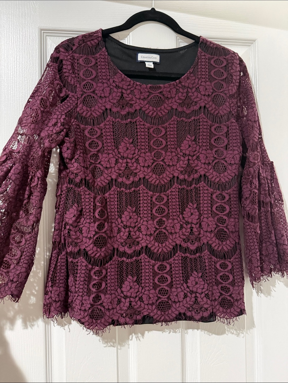 Charter Club Plum Lace Bell Sleeve Blouse